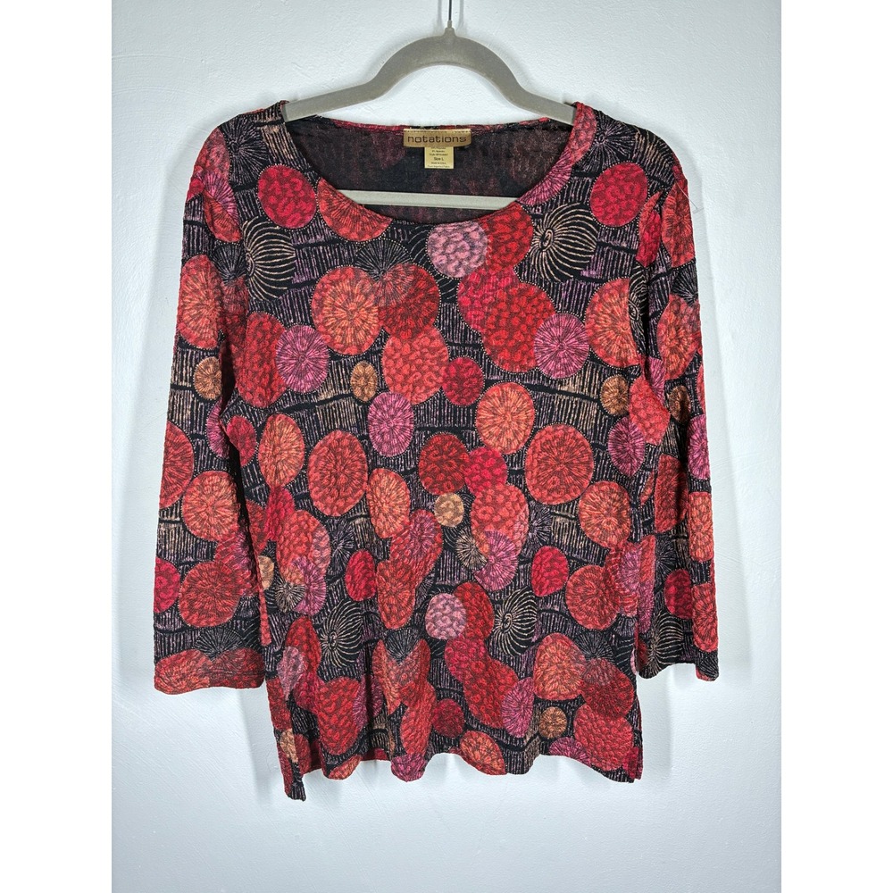 Vintage 90s Y2K Abstract Print Top Large Notations 3/4 Sleeve Artsy Eclectic